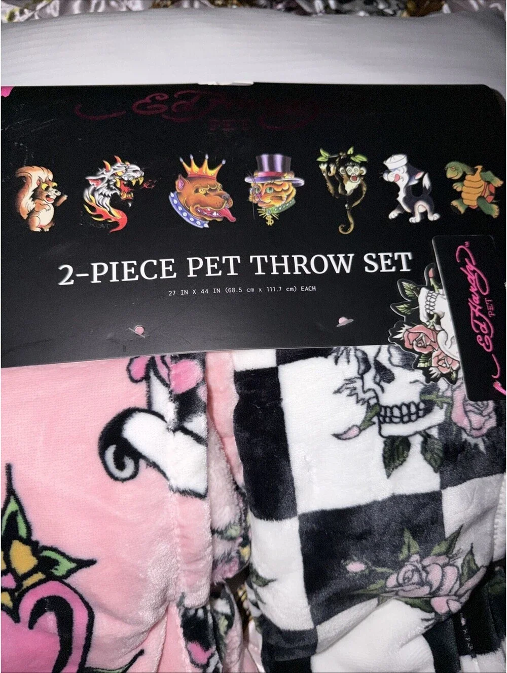 Ed Hardy 2pc Pet Throw Set Pink & Black White Checkered 27x44 Each NWT